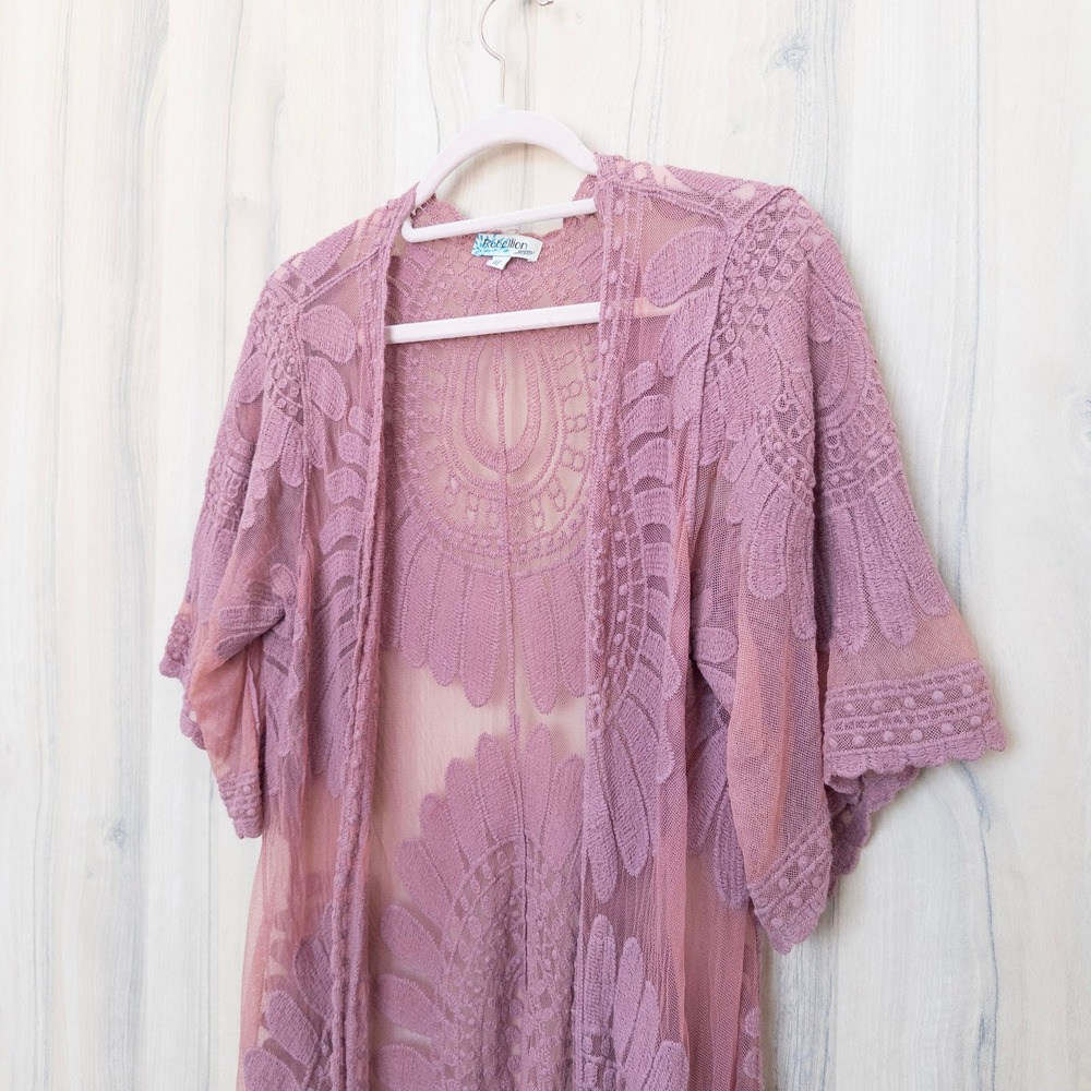 Rebellion Womens Lace Sheer Kimono M Mauve Pink Embroidered Boho Festival Fairy - Picture 4 of 8